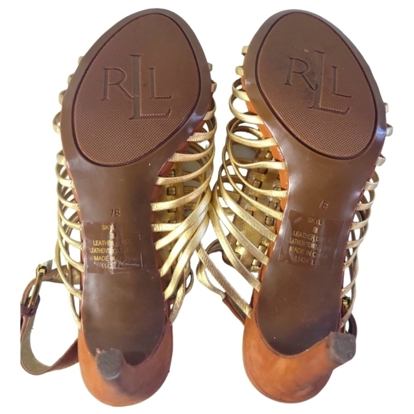 Lauren Ralph Lauren Tan/Gold Cushion Soft Strappy Suede Leather Heels Sandals - Picture 7 of 8